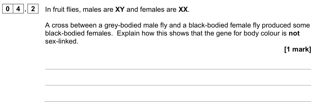 June 2024 Paper 2, question 04.2: In fruit flies, males are XY and females are XX. A cross between a grey-bodied male fly and a black-bodied female fly produced some black-bodied females. Explai