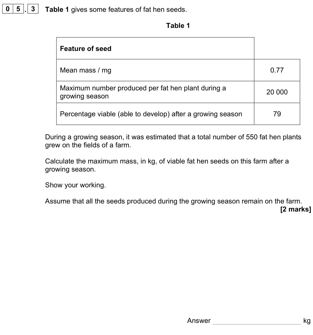 June 2024 Paper 2, question 05.3: Table 1 gives some features of fat hen seeds. Table 1 Feature of seed Mean mass / mg 0.77 Maximum number produced per fat hen plant during a growing season 20 0