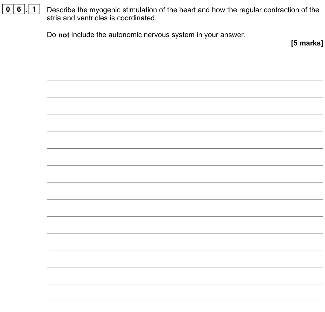 June 2024 Paper 2, question 06.1: Describe the myogenic stimulation of the heart and how the regular contraction of the atria and ventricles is coordinated. Do not include the autonomic nervous 