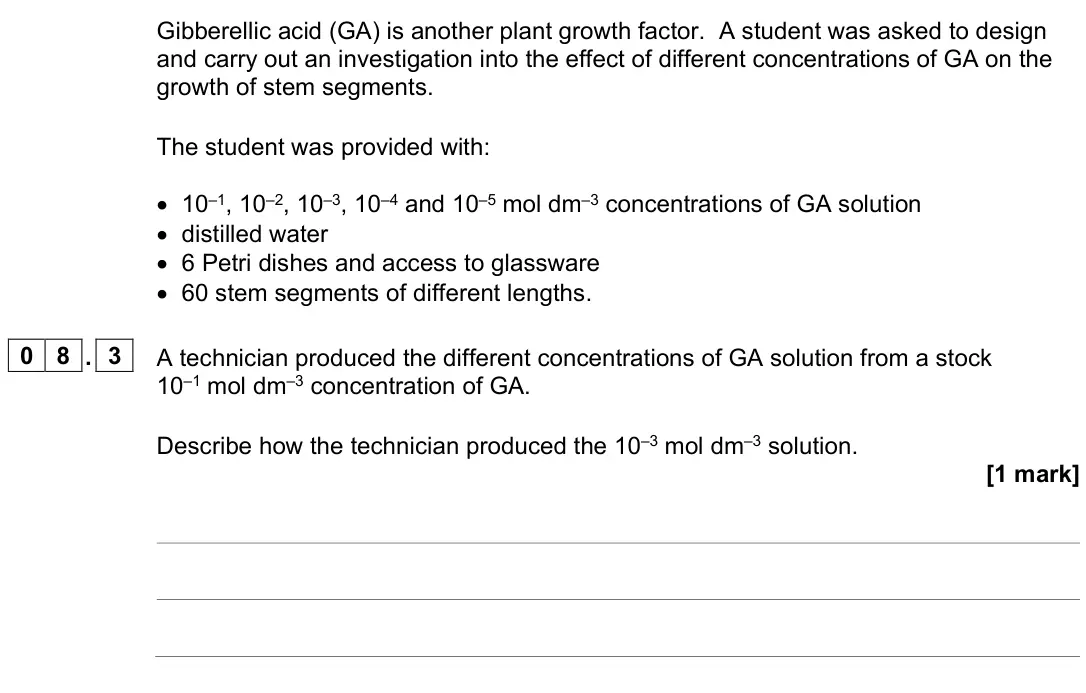 June 2024 Paper 2, question 08.3: A technician produced the different concentrations of GA solution from a stock 10–1 mol dm–3 concentration of GA. Describe how the technician produced the 10–3 