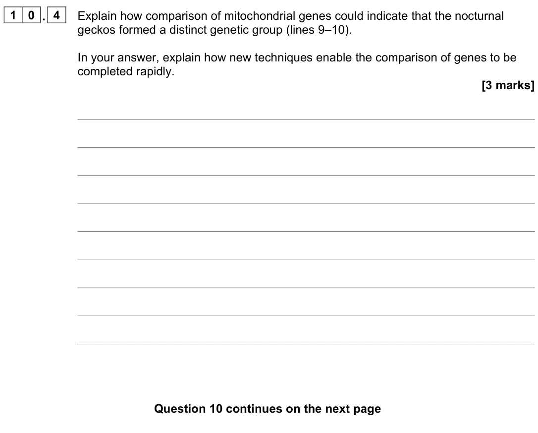 June 2024 Paper 2, question 10.4: Explain how comparison of mitochondrial genes could indicate that the nocturnal geckos formed a distinct genetic group (lines 9–10). In your answer, explain how