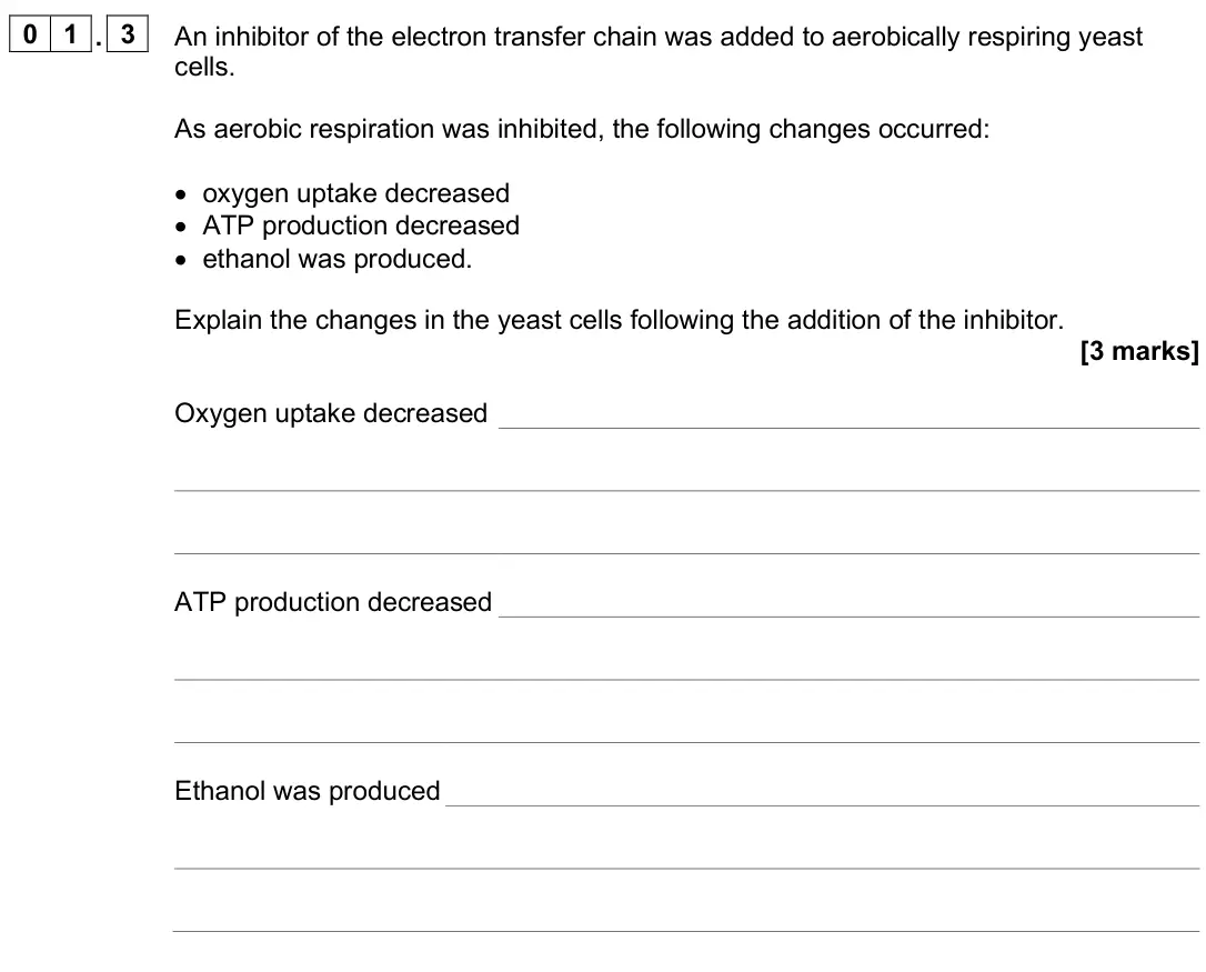 June 2025 Paper 2, question 01.3: An inhibitor of the electron transfer chain was added to aerobically respiring yeast cells. As aerobic respiration was inhibited, the following changes occurred
