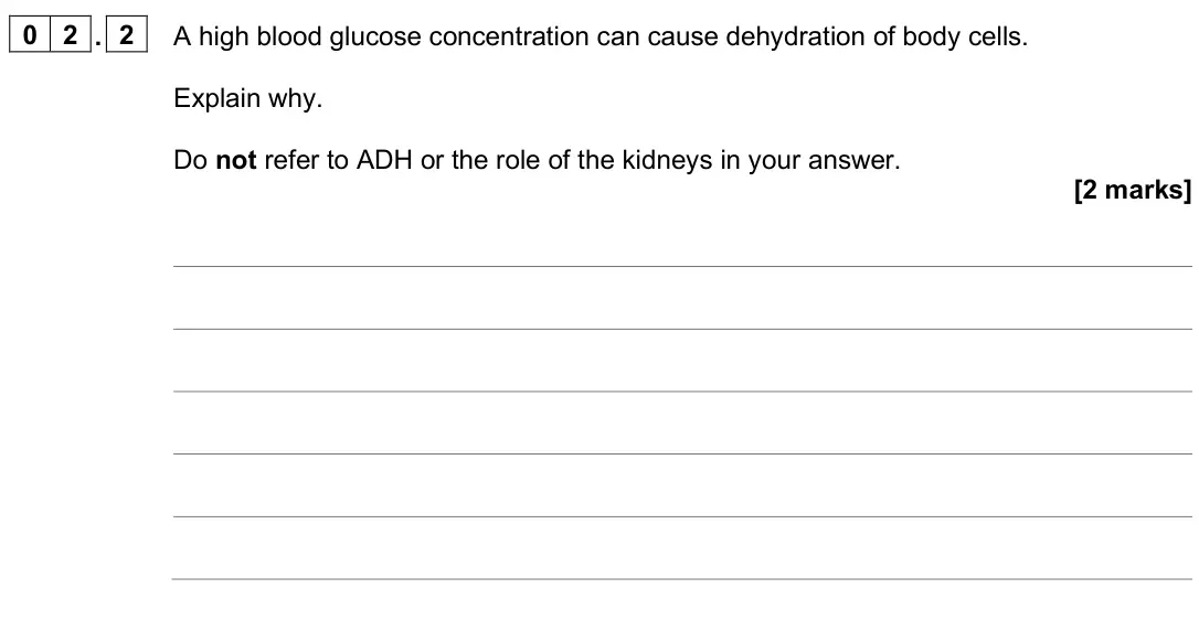June 2025 Paper 2, question 02.2: A high blood glucose concentration can cause dehydration of body cells. Explain why. Do not refer to ADH or the role of the kidneys in your answer. [2 marks]