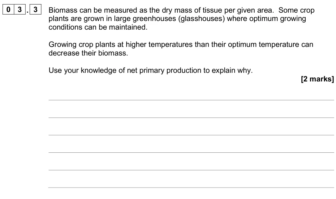 June 2025 Paper 2, question 03.3: Biomass can be measured as the dry mass of tissue per given area. Some crop plants are grown in large greenhouses (glasshouses) where optimum growing conditions