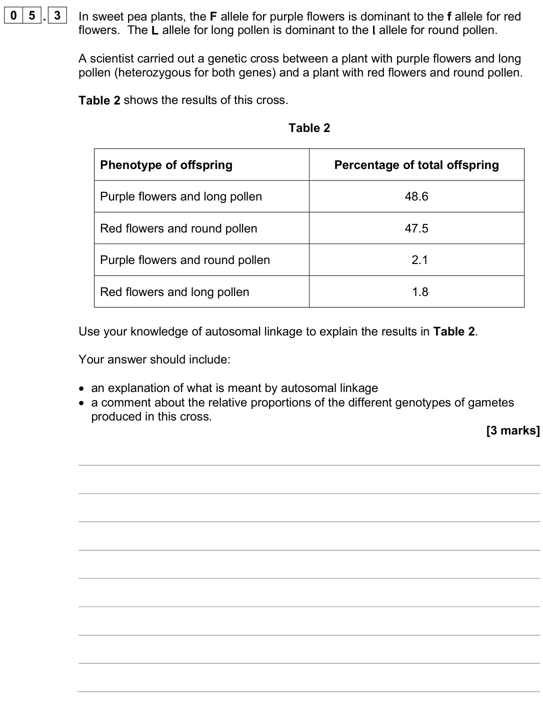 June 2025 Paper 2, question 05.3: In sweet pea plants, the F allele for purple flowers is dominant to the f allele for red flowers. The L allele for long pollen is dominant to the l allele for r