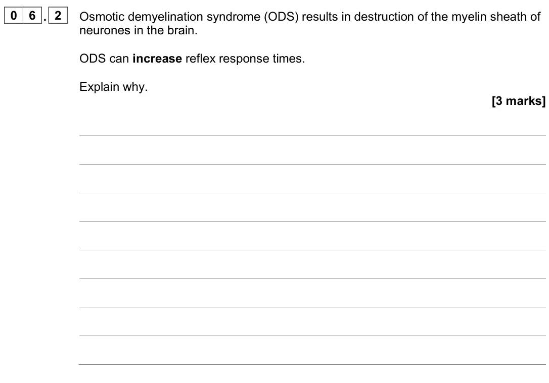 June 2025 Paper 2, question 06.2: Osmotic demyelination syndrome (ODS) results in destruction of the myelin sheath of neurones in the brain. ODS can increase reflex response times. Explain why.