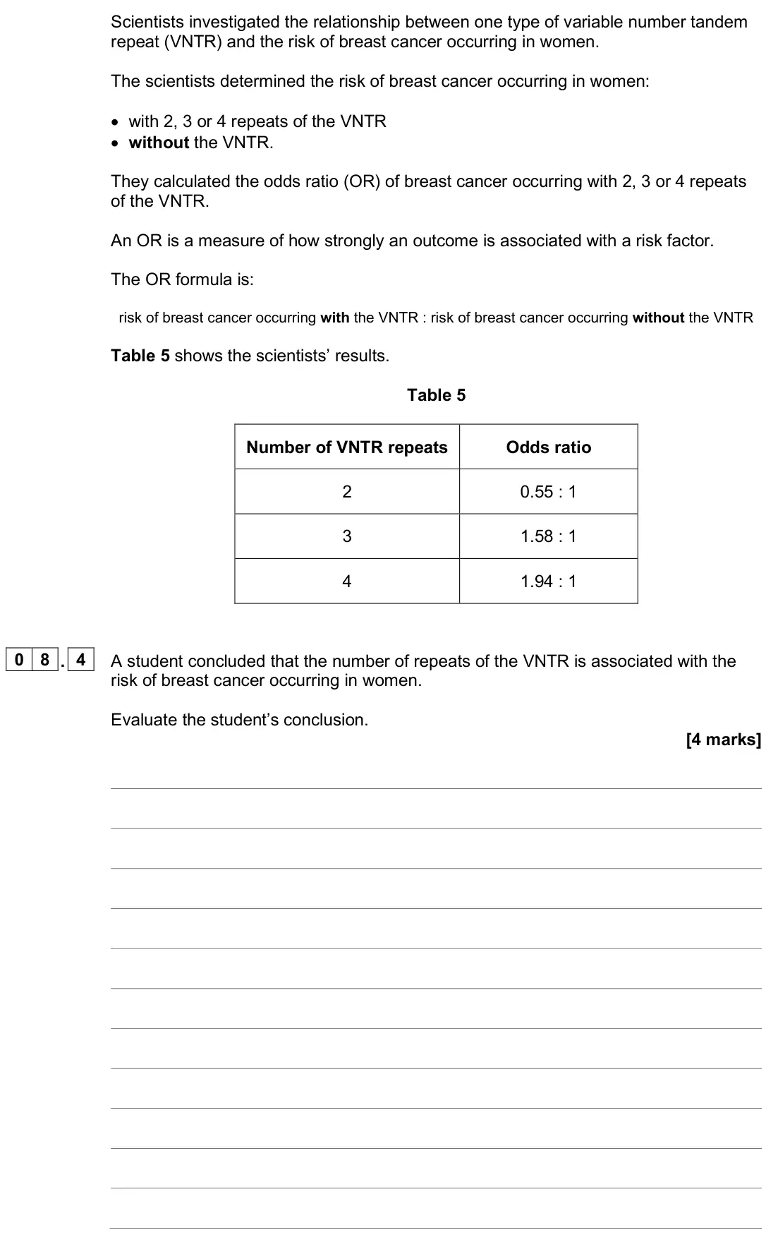 June 2025 Paper 2, question 08.4: A student concluded that the number of repeats of the VNTR is associated with the risk of breast cancer occurring in women. Evaluate the student’s conclusion. [