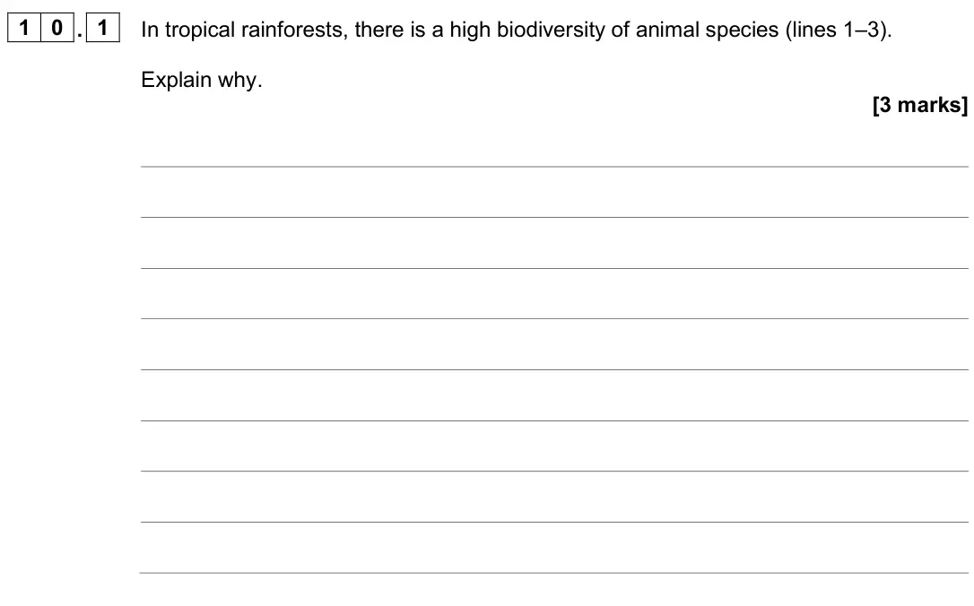 June 2025 Paper 2, question 10.1: In tropical rainforests, there is a high biodiversity of animal species (lines 1–3). Explain why. [3 marks]