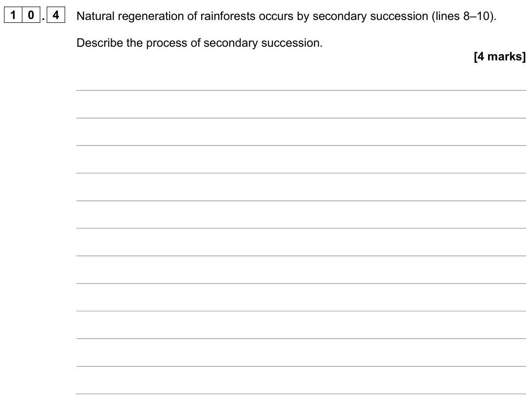 June 2025 Paper 2, question 10.4: Natural regeneration of rainforests occurs by secondary succession (lines 8–10). Describe the process of secondary succession. [4 marks]