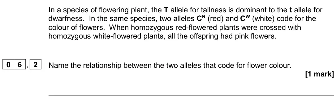 November 2020 Paper 2, question 06.2: Name the relationship between the two alleles that code for flower colour. [1 mark]
