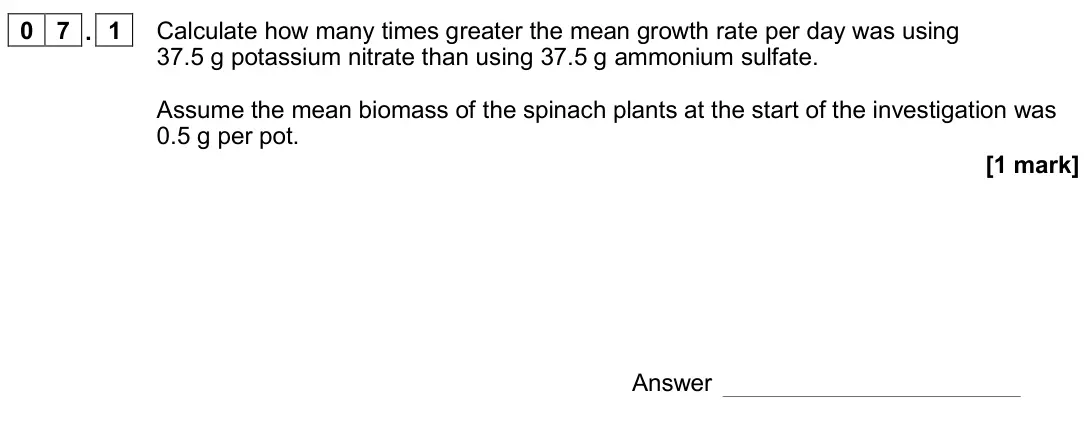 November 2020 Paper 2, question 07.1: Calculate how many times greater the mean growth rate per day was using 37.5 g potassium nitrate than using 37.5 g ammonium sulfate. Assume the mean biomass of