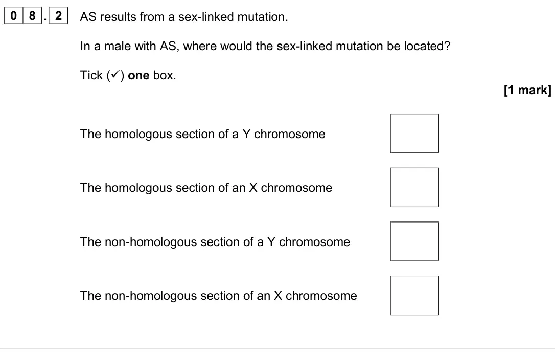 November 2020 Paper 2, question 08.2: AS results from a sex-linked mutation. In a male with AS, where would the sex-linked mutation be located? Tick () one box. [1 mark] The homologous section of a