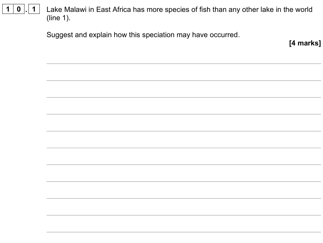 November 2021 Paper 2, question 10.1: Lake Malawi in East Africa has more species of fish than any other lake in the world (line 1). Suggest and explain how this speciation may have occurred. [4 mar