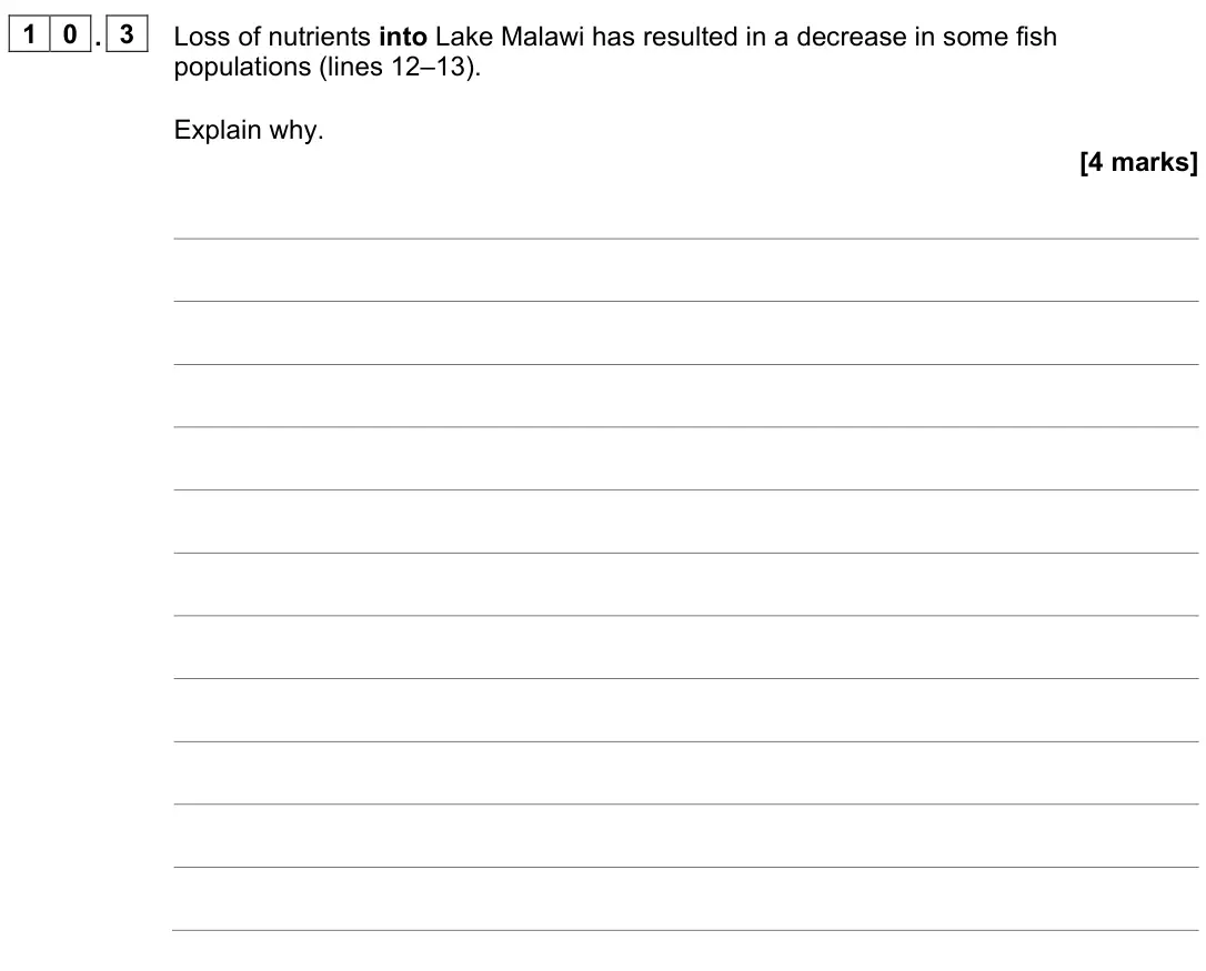 November 2021 Paper 2, question 10.3: Loss of nutrients into Lake Malawi has resulted in a decrease in some fish populations (lines 12–13). Explain why. [4 marks]