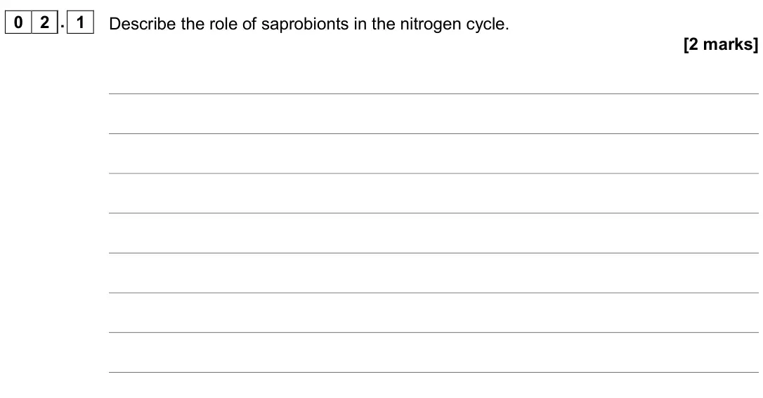 June 2019 Paper 3, question 02.1: Describe the role of saprobionts in the nitrogen cycle. [2 marks]