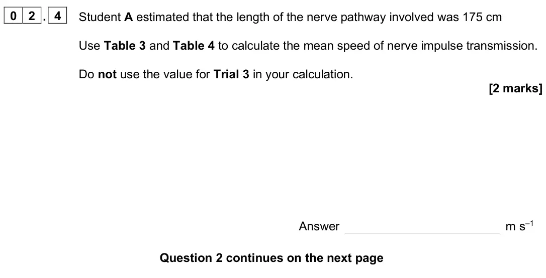 June 2022 Paper 3, question 02.4: Student A estimated that the length of the nerve pathway involved was 175 cm Use Table 3 and Table 4 to calculate the mean speed of nerve impulse transmission.