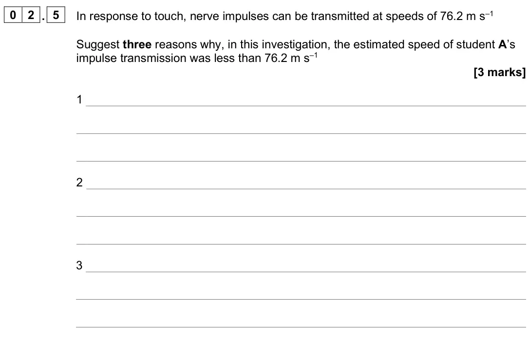 June 2022 Paper 3, question 02.5: In response to touch, nerve impulses can be transmitted at speeds of 76.2 m s–1 Suggest three reasons why, in this investigation, the estimated speed of student
