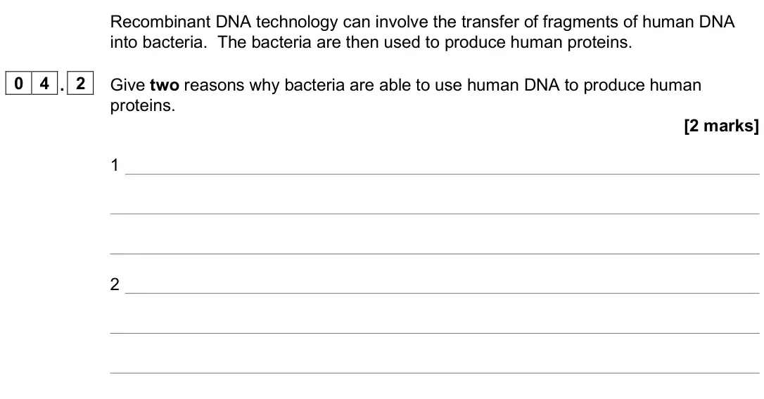 June 2022 Paper 3, question 04.2: Give two reasons why bacteria are able to use human DNA to produce human proteins. [2 marks] 1 2