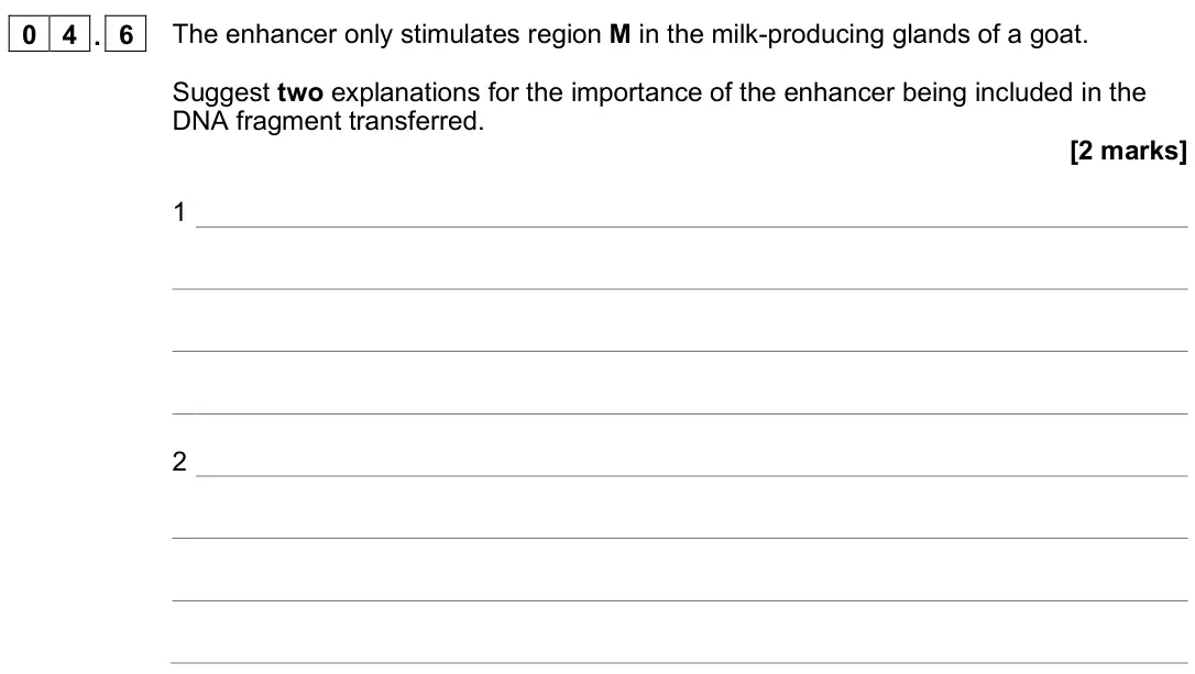 June 2022 Paper 3, question 04.6: The enhancer only stimulates region M in the milk-producing glands of a goat. Suggest two explanations for the importance of the enhancer being included in the 