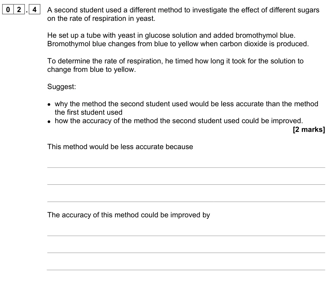 June 2023 Paper 3, question 02.4: A second student used a different method to investigate the effect of different sugars on the rate of respiration in yeast. He set up a tube with yeast in gluco