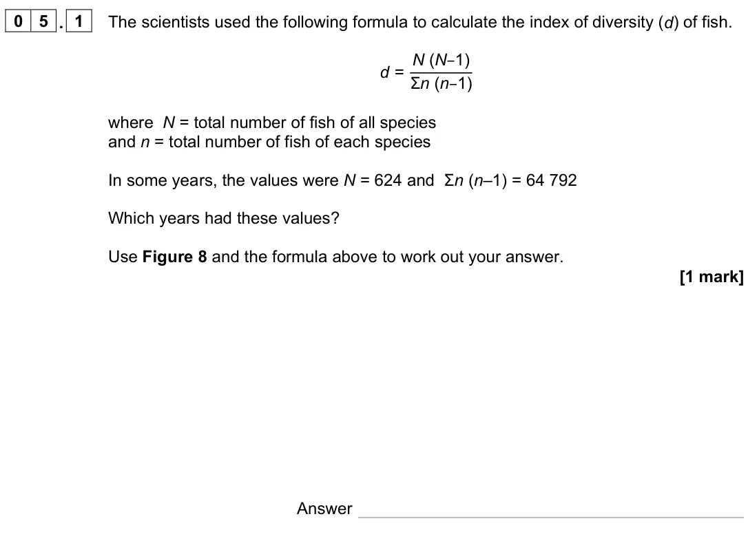 June 2023 Paper 3, question 05.1: The scientists used the following formula to calculate the index of diversity (d) of fish. d = N (N–1) Σn (n–1) where N = total number of fish of all species an