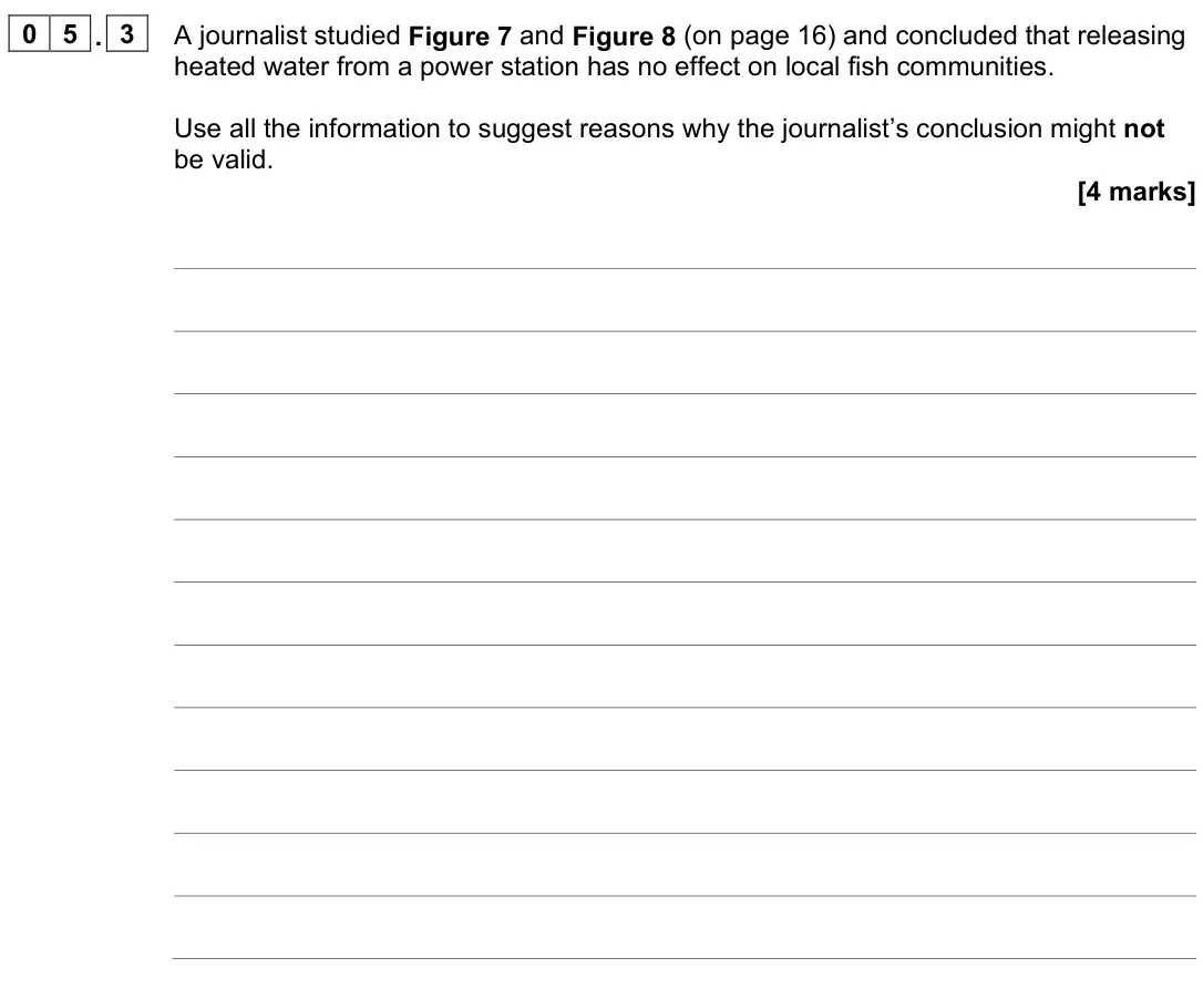 June 2023 Paper 3, question 05.3: A journalist studied Figure 7 and Figure 8 (on page 16) and concluded that releasing heated water from a power station has no effect on local fish communities. 