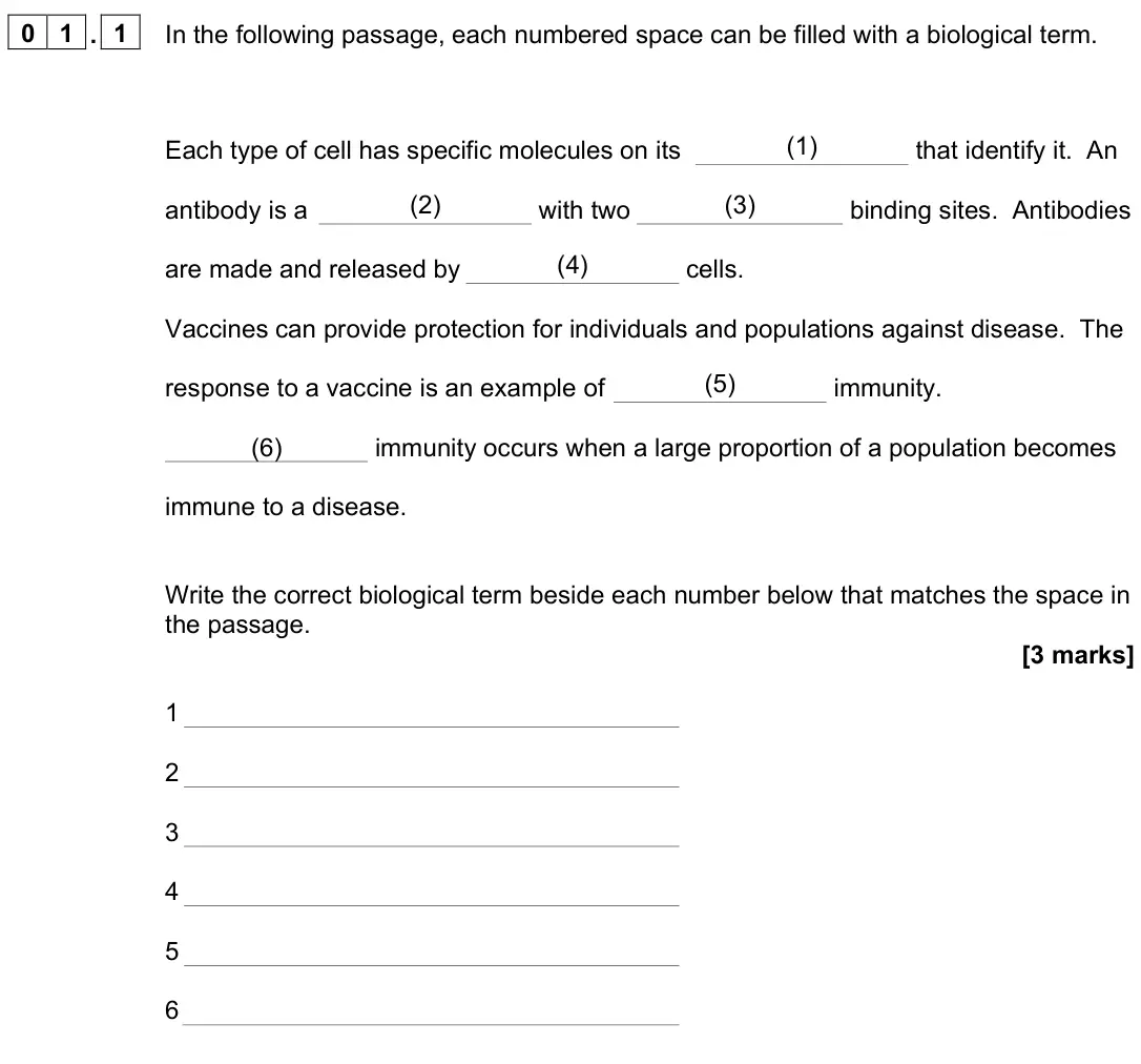 June 2024 Paper 3, question 01.1: In the following passage, each numbered space can be filled with a biological term. Each type of cell has specific molecules on its (1) that identify it. An ant