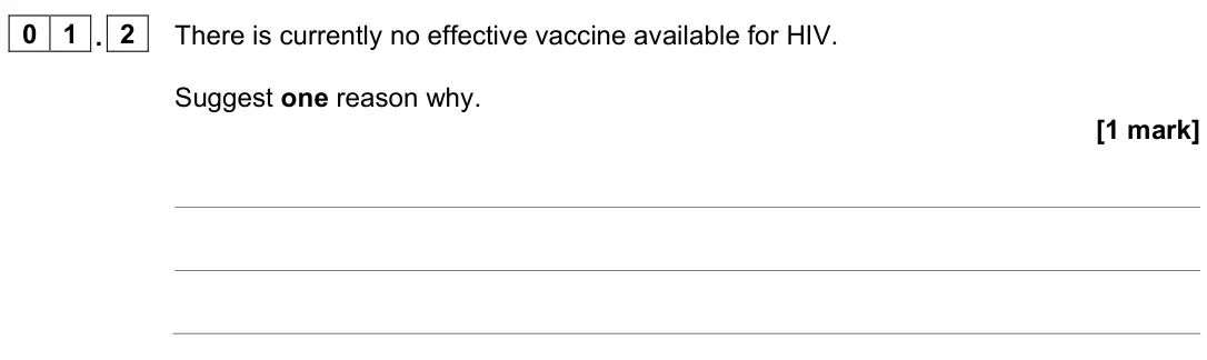 June 2024 Paper 3, question 01.2: There is currently no effective vaccine available for HIV. Suggest one reason why. [1 mark]