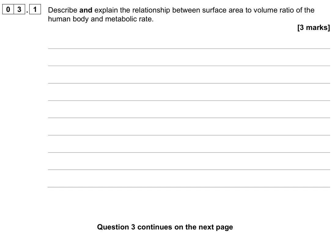 June 2024 Paper 3, question 03.1: Describe and explain the relationship between surface area to volume ratio of the human body and metabolic rate. [3 marks]
