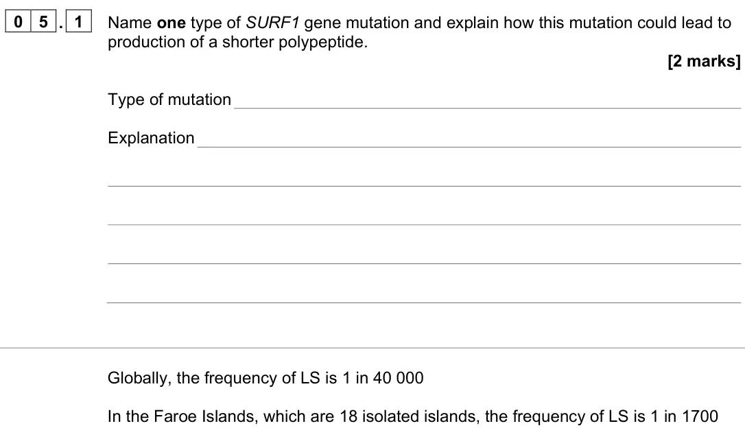 June 2024 Paper 3, question 05.1: Name one type of SURF1 gene mutation and explain how this mutation could lead to production of a shorter polypeptide. [2 marks] Type of mutation Explanation Glo