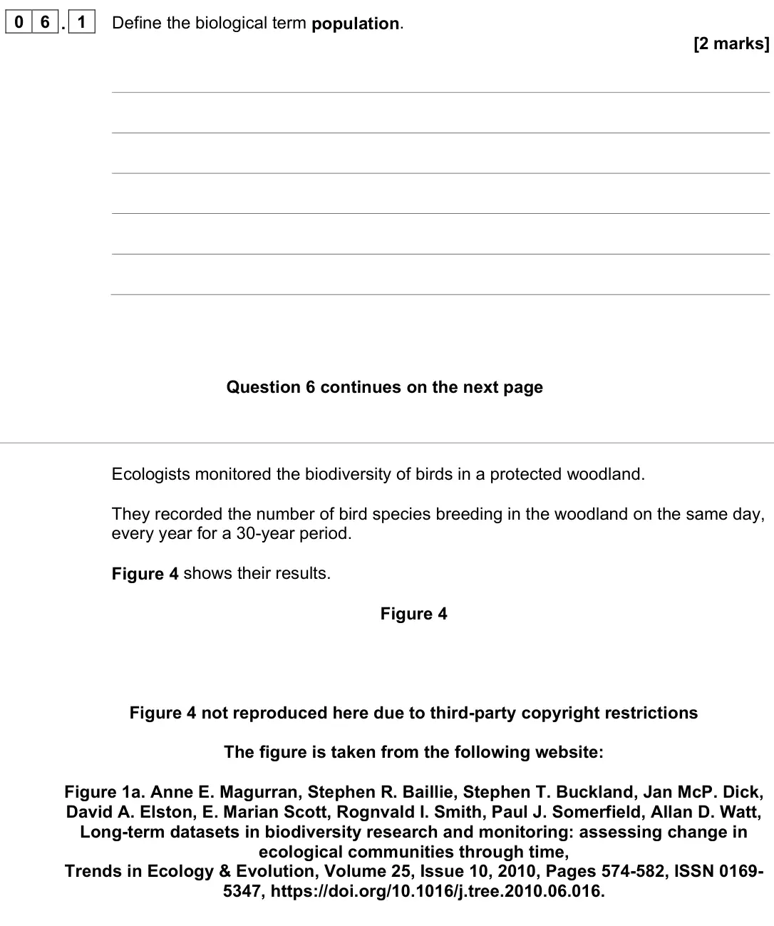 June 2024 Paper 3, question 06.1: Define the biological term population. [2 marks] Ecologists monitored the biodiversity of birds in a protected woodland. They recorded the number of bird specie