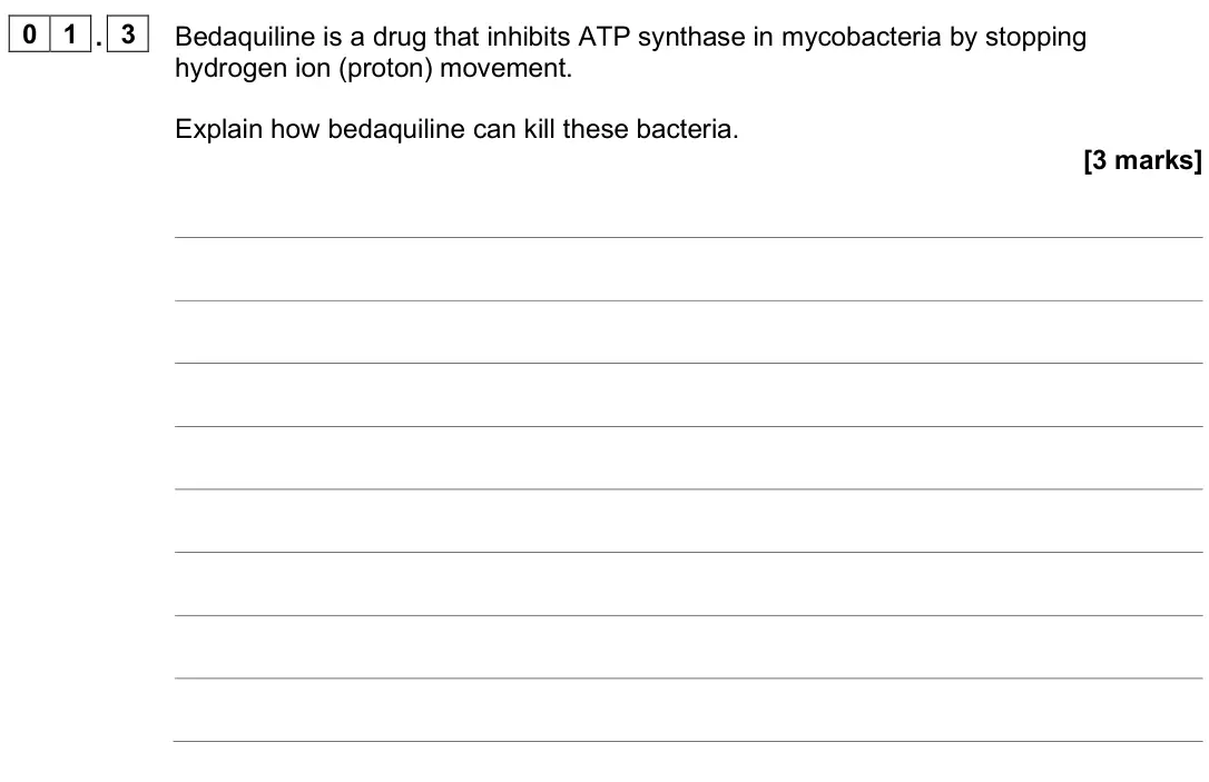 June 2025 Paper 3, question 01.3: Bedaquiline is a drug that inhibits ATP synthase in mycobacteria by stopping hydrogen ion (proton) movement. Explain how bedaquiline can kill these bacteria. [3