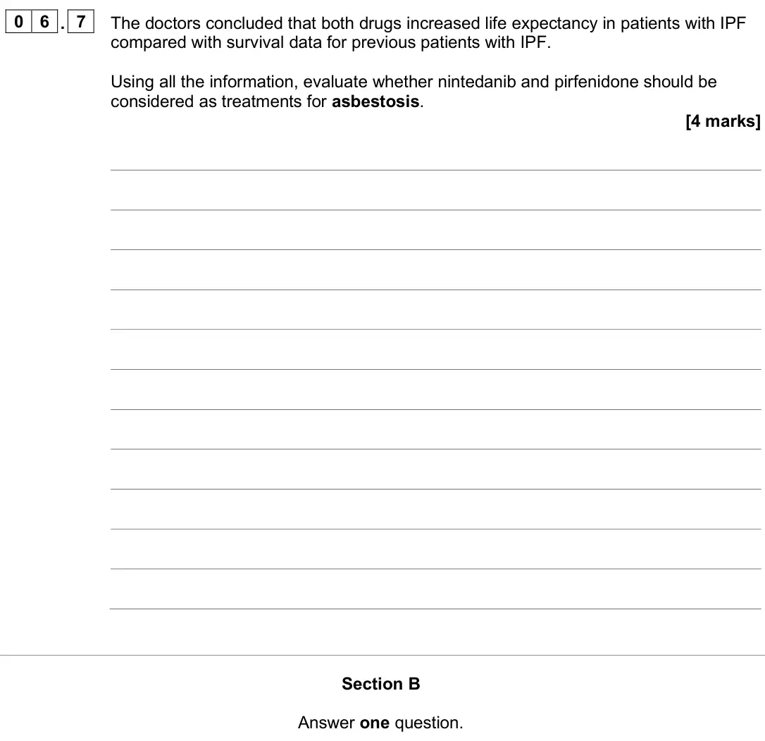 June 2025 Paper 3, question 06.7: The doctors concluded that both drugs increased life expectancy in patients with IPF compared with survival data for previous patients with IPF. Using all the i