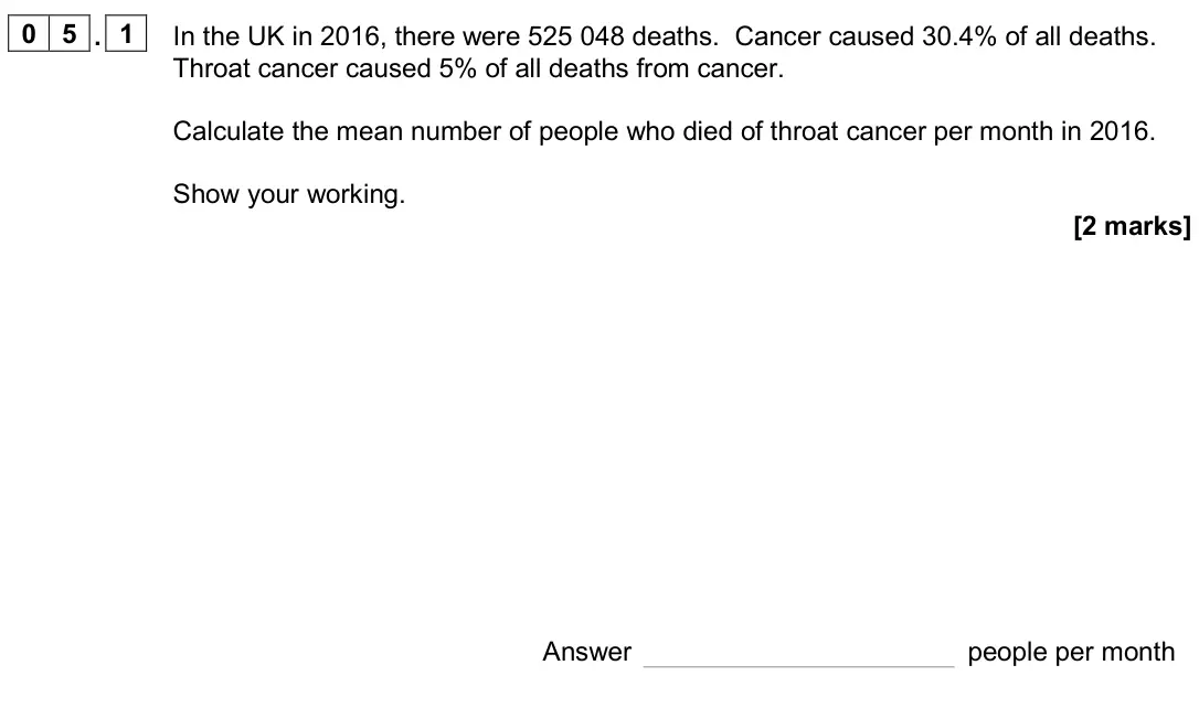 November 2020 Paper 3, question 05.1: In the UK in 2016, there were 525 048 deaths. Cancer caused 30.4% of all deaths. Throat cancer caused 5% of all deaths from cancer. Calculate the mean number of