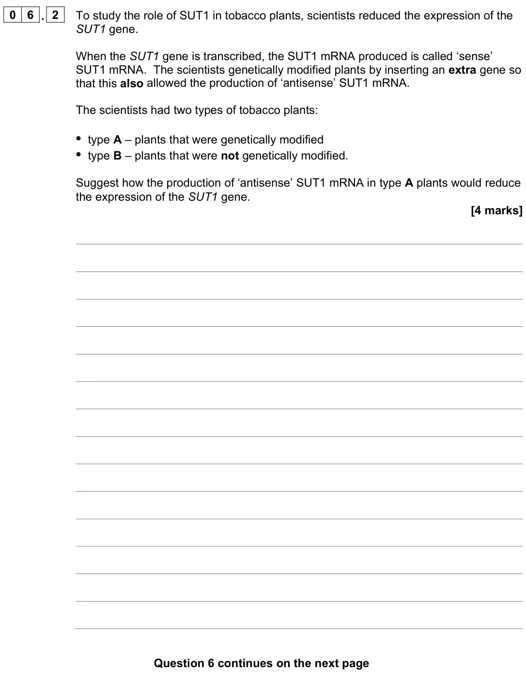 November 2021 Paper 3, question 06.2: To study the role of SUT1 in tobacco plants, scientists reduced the expression of the SUT1 gene. When the SUT1 gene is transcribed, the SUT1 mRNA produced is ca