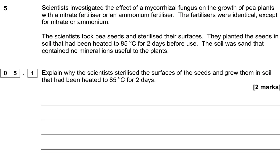Specimen Paper 3, question 05.1: Scientists investigated the effect of a mycorrhizal fungus on the growth of pea plants with a nitrate fertiliser or an ammonium fertiliser. The fertilisers were
