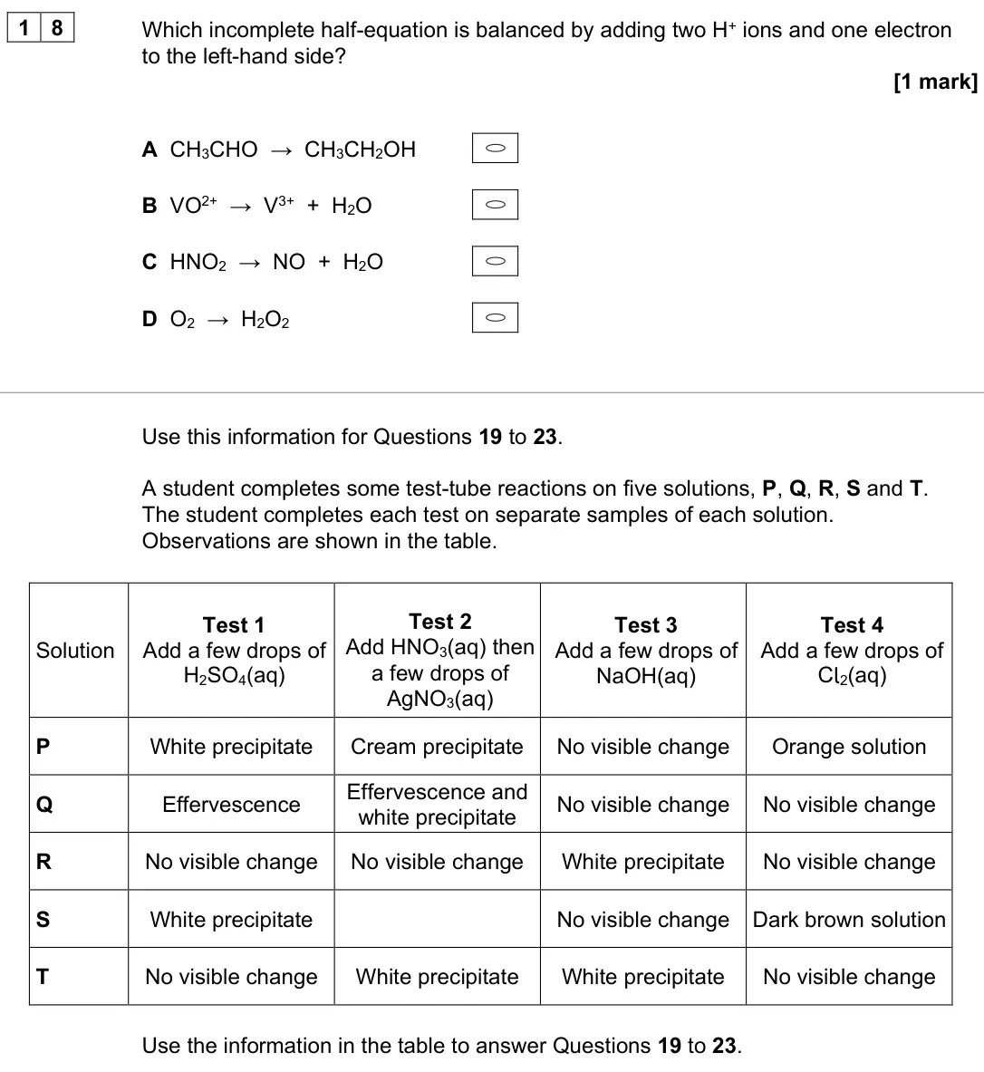 June 2023 AS Paper 1, question 18: Which incomplete half-equation is balanced by adding two H+ ions and one electron to the left-hand side? [1 mark] A CH3CHO → CH3CH2OH B VO2+ → V3+ + H2O C HNO2 