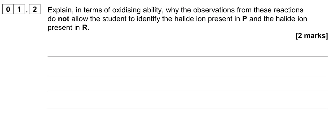 June 2024 AS Paper 1, question 01.2: Explain, in terms of oxidising ability, why the observations from these reactions do not allow the student to identify the halide ion present in P and the halid
