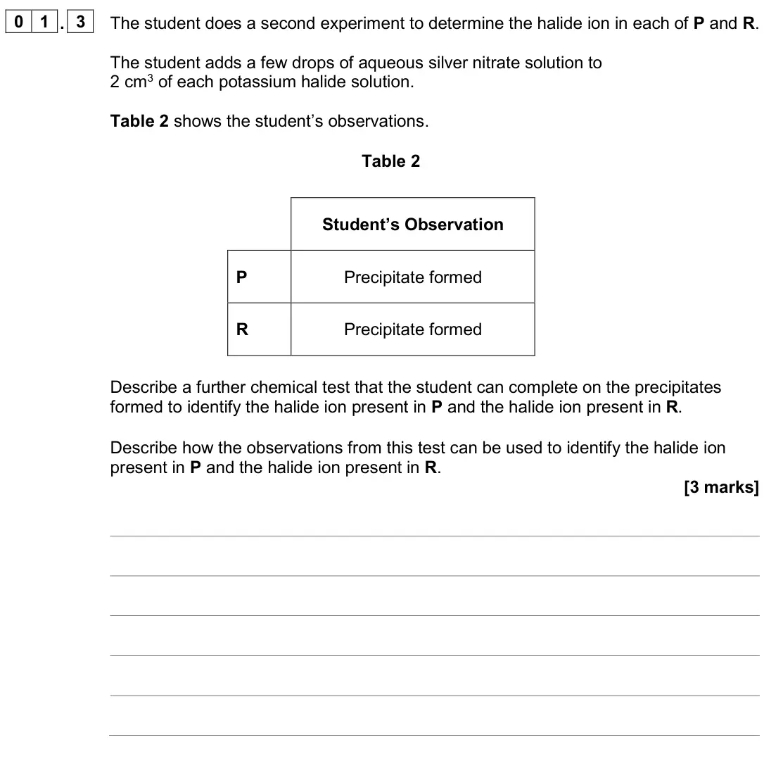 June 2024 AS Paper 1, question 01.3: The student does a second experiment to determine the halide ion in each of P and R. The student adds a few drops of aqueous silver nitrate solution to 2 cm3 of