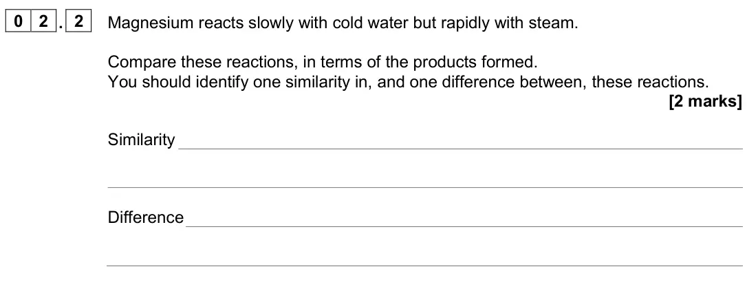 June 2024 AS Paper 1, question 02.2: Magnesium reacts slowly with cold water but rapidly with steam. Compare these reactions, in terms of the products formed. You should identify one similarity in,