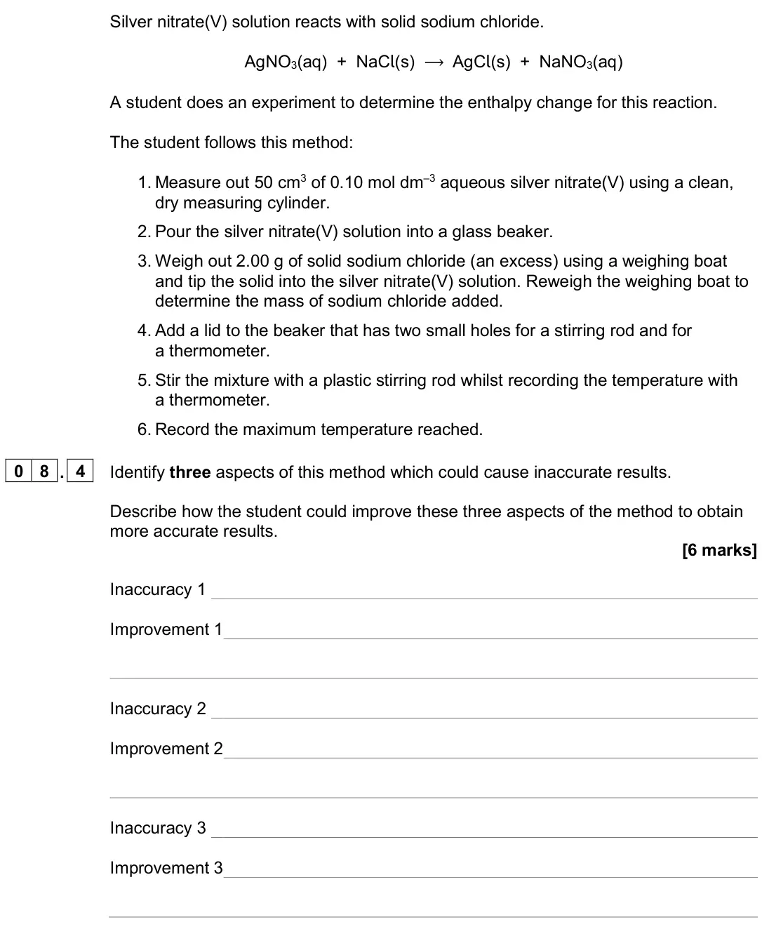 June 2024 AS Paper 1, question 08.4: Identify three aspects of this method which could cause inaccurate results. Describe how the student could improve these three aspects of the method to obtain m