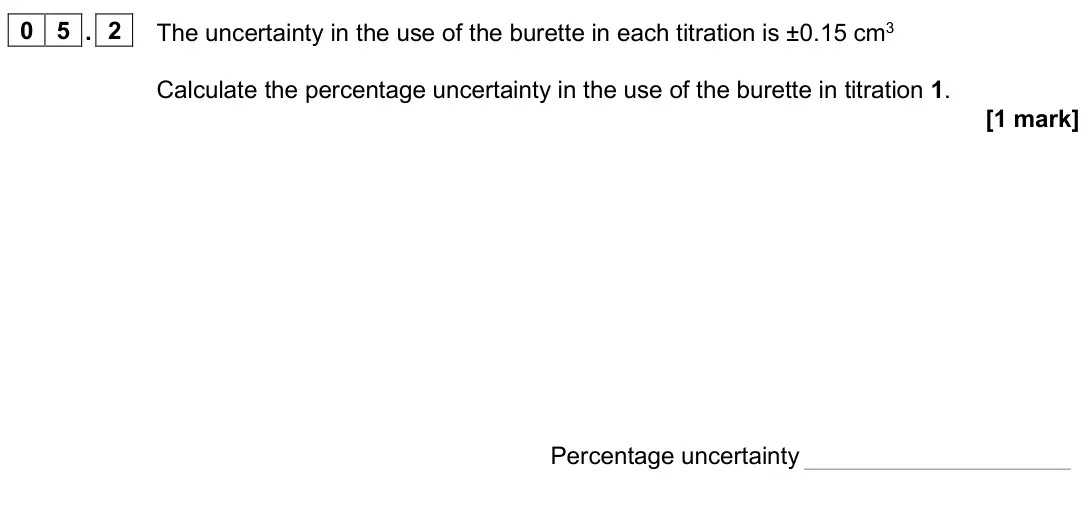 June 2025 AS Paper 1, question 05.2: The uncertainty in the use of the burette in each titration is ±0.15 cm3 Calculate the percentage uncertainty in the use of the burette in titration 1. [1 mark]