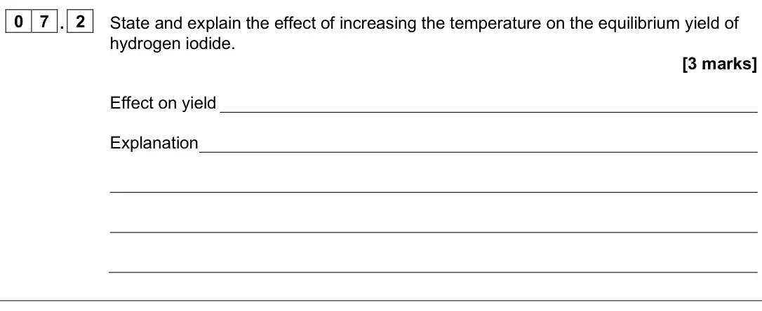 June 2025 AS Paper 1, question 07.2: State and explain the effect of increasing the temperature on the equilibrium yield of hydrogen iodide. [3 marks] Effect on yield Explanation