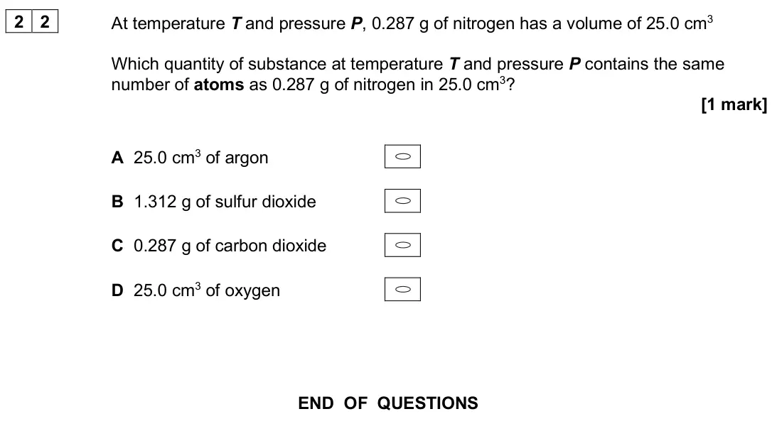 June 2025 AS Paper 1, question 22: At temperature T and pressure P, 0.287 g of nitrogen has a volume of 25.0 cm3 Which quantity of substance at temperature T and pressure P contains the same numb