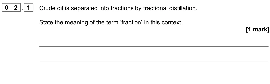 June 2023 AS Paper 2, question 02.1: Crude oil is separated into fractions by fractional distillation. State the meaning of the term ‘fraction’ in this context. [1 mark]