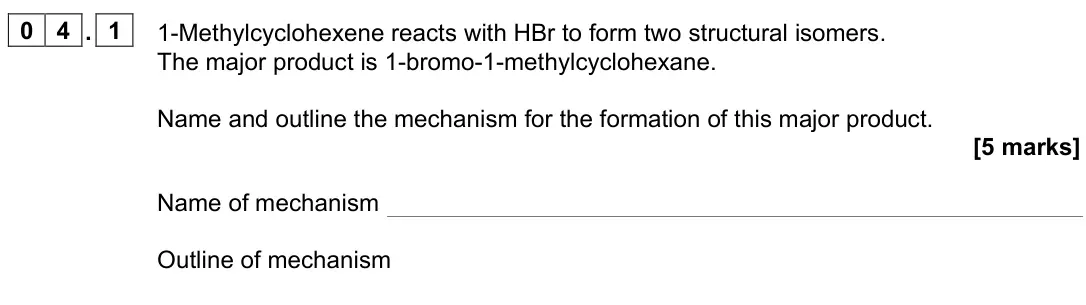 June 2023 AS Paper 2, question 04.1: 1-Methylcyclohexene reacts with HBr to form two structural isomers. The major product is 1-bromo-1-methylcyclohexane. Name and outline the mechanism for the for