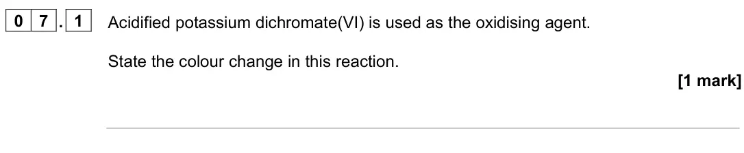 June 2024 AS Paper 2, question 07.1: Acidified potassium dichromate(VI) is used as the oxidising agent. State the colour change in this reaction. [1 mark]