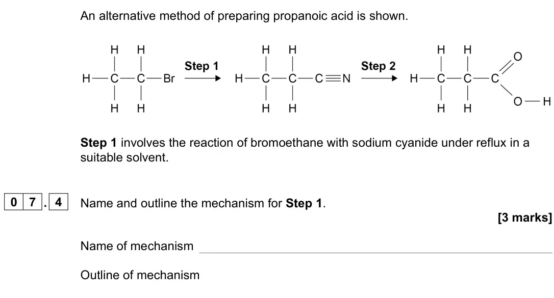 June 2024 AS Paper 2, question 07.4: Name and outline the mechanism for Step 1. [3 marks] Name of mechanism Outline of mechanism