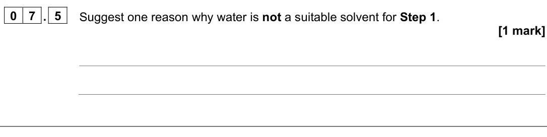 June 2024 AS Paper 2, question 07.5: Suggest one reason why water is not a suitable solvent for Step 1. [1 mark]