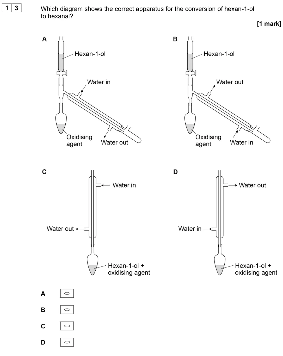 June 2024 AS Paper 2, question 13: Which diagram shows the correct apparatus for the conversion of hexan-1-ol to hexanal? [1 mark] A B C D